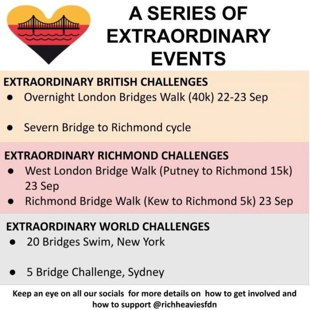 Here it is . . . .

A Series Of Extraordinary Events

It includes extraordinary superhuman challenges (like Rupert'and Ben's) as well as achievable social activities, allowing all to get involved.

Monies raised go to the Heavies Foundation.

Interested in participating? Please register via the links in our bio.

You'll also find a link to our donation page there.