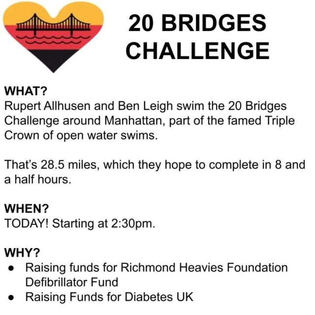 Today’s the day Rupert and Ben take on the incredible 20 Bridges Swim around New York. 

That’s 48.5 kilometres. 

We are in awe!

We’ll bring updates when we can, but @iamswimmingthechannel will have the latest thanks to Phillipos, their support team for the challenge.

You can also find links to track their progress and to make a donation on their Instagram.